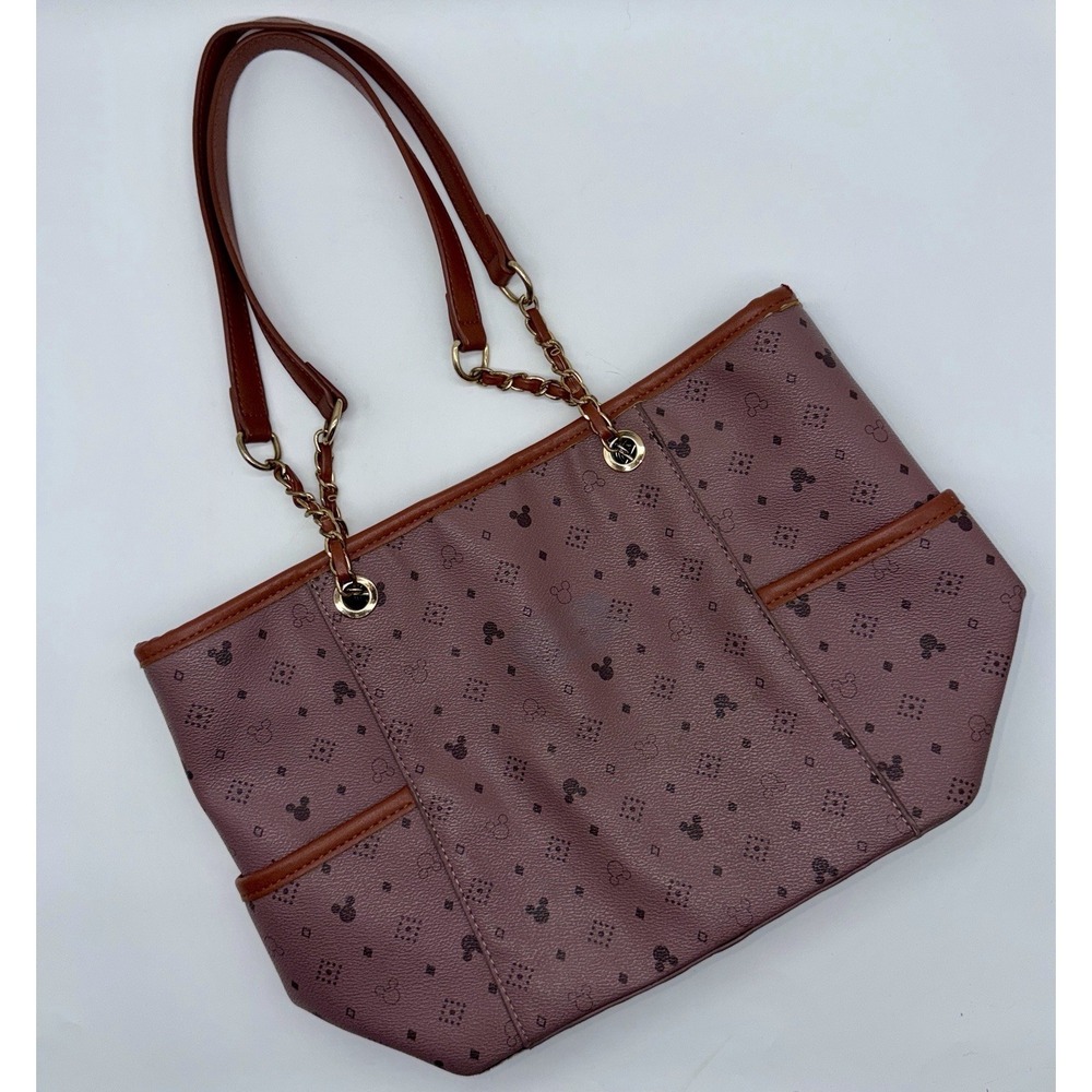 Disney Mickey Mouse Pattern Tote Bag Pink Brown Faux Leather Shoulder‎